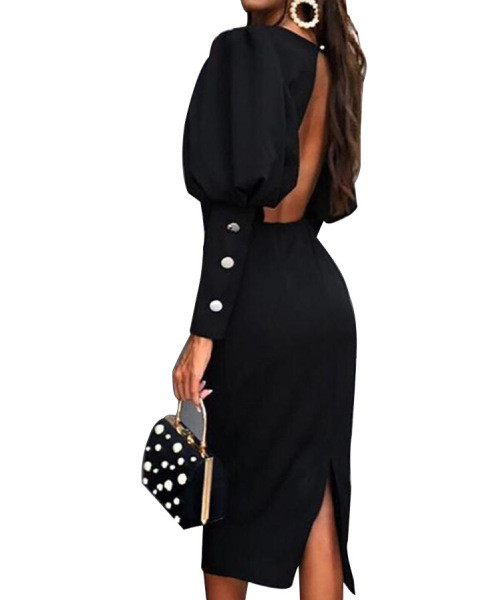 Модерна дамска рокля с дълъг ръкав,цепка и гол гръб 