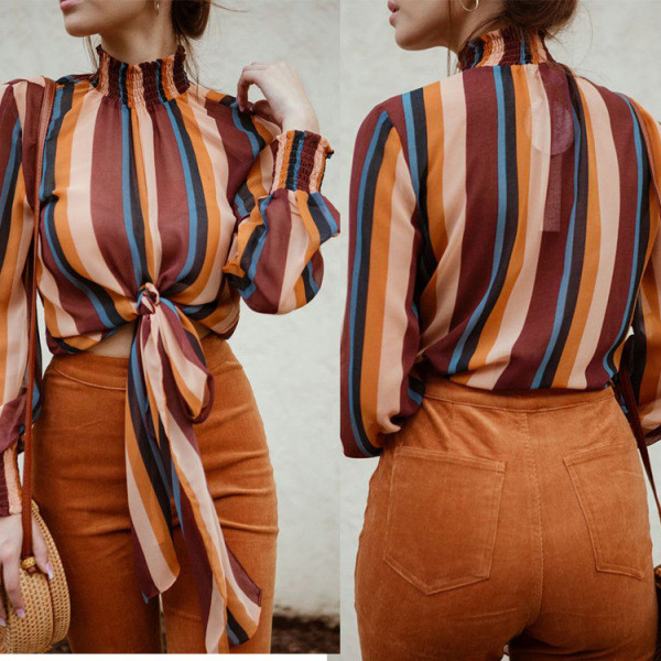 Modernūs moteriški marškiniai aukšta apykakle ir ilgomis rankovėmis