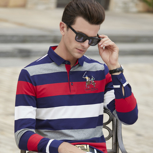 Vyriška laisvalaikio dryžuota palaidinė su klasikine apykakle ir siuvinėjimu