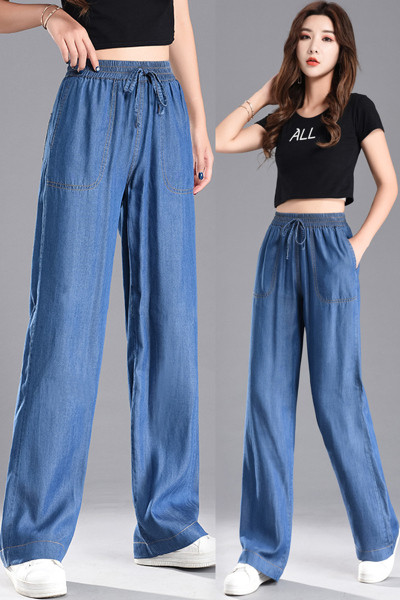 Moteriški platūs džinsai su raišteliais ir kišenėmis