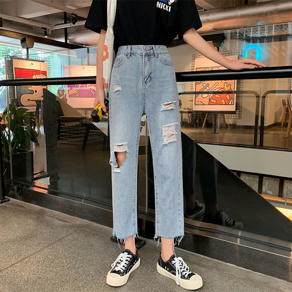 Blugi de dama moderni model drept cu talie inalta si motive rupte