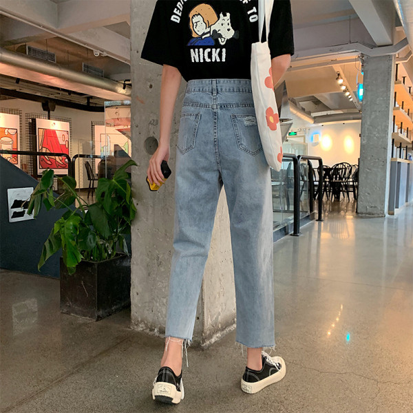 Blugi de dama moderni model drept cu talie inalta si motive rupte