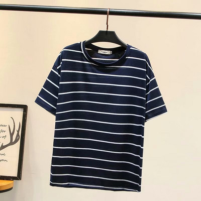 Alkalmi női csíkos póló rövid ujjal és ovális nyakkivágással