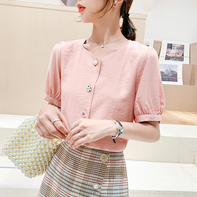 Naujo modelio moteriški marškiniai su sagomis ir trumpomis rankovėmis