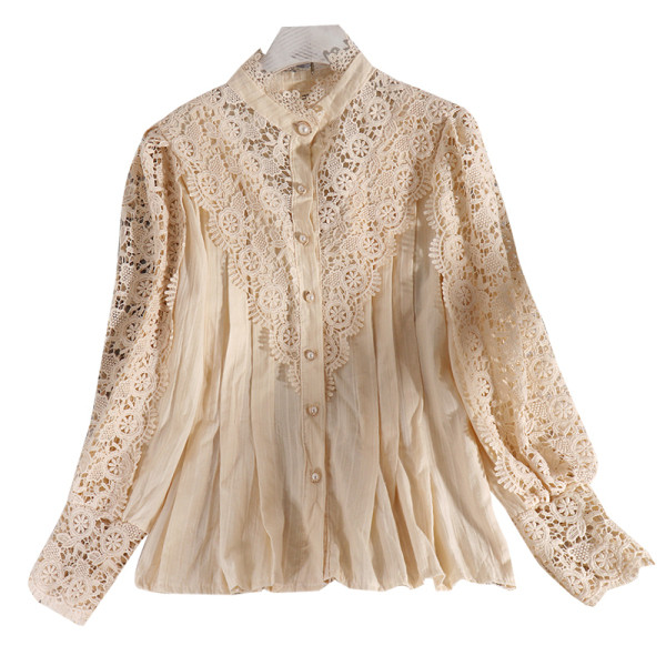 Cămașă elegantă de damă cu decolteu oval, mâneci lungi și dantelă
