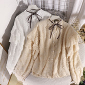 Стилна шифонена дамска риза с копчета и панделка