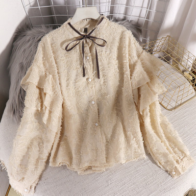 Стилна шифонена дамска риза с копчета и панделка