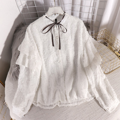 Стилна шифонена дамска риза с копчета и панделка