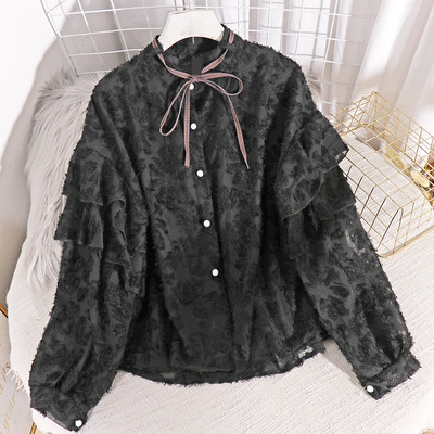 Стилна шифонена дамска риза с копчета и панделка