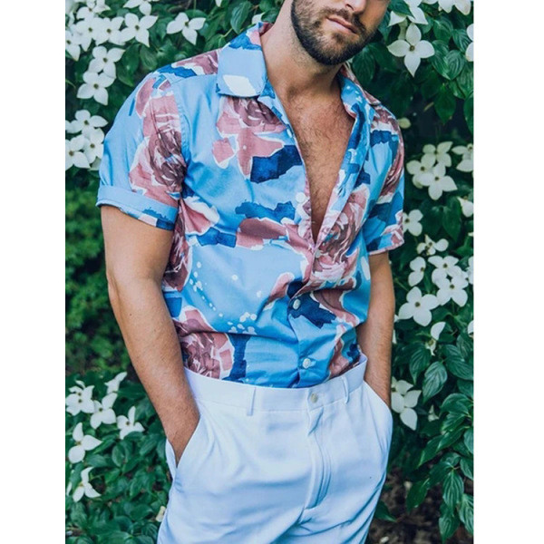 Cămașă modernă pentru bărbați cu nasturi și mâneci scurte în albastru