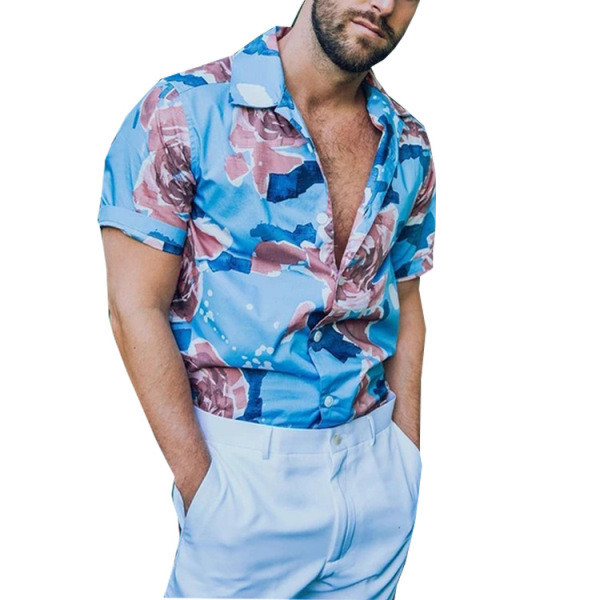 Cămașă modernă pentru bărbați cu nasturi și mâneci scurte în albastru