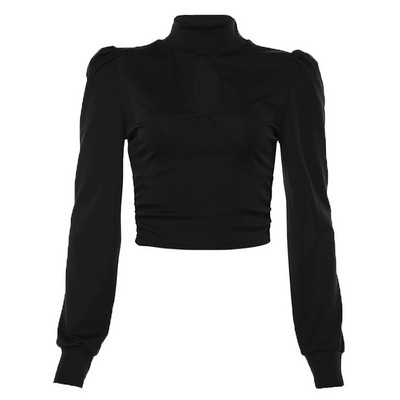 Moderni moteriška trumpa palaidinė aukšta apykakle ir ilgomis rankovėmis