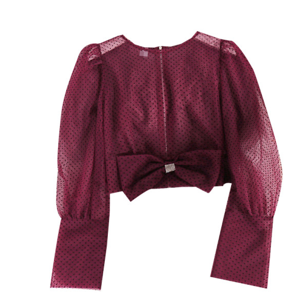 Trumpa permatoma taškuota palaidinė ilgomis rankovėmis ir kaspinu