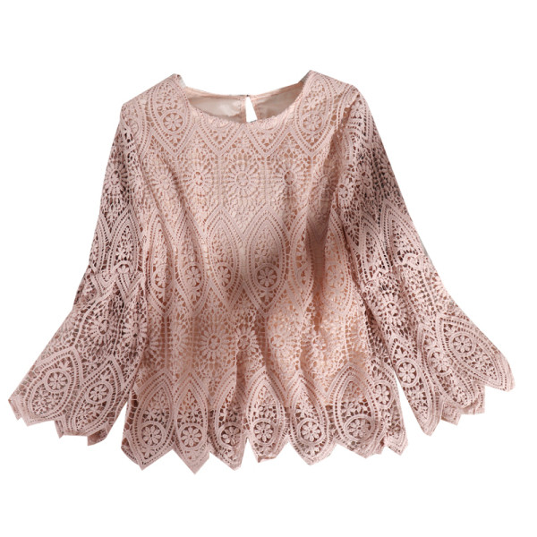 Stiilne pitsist naiste pluus lai mudel ovaalse kaelusega ja pikkade varrukatega