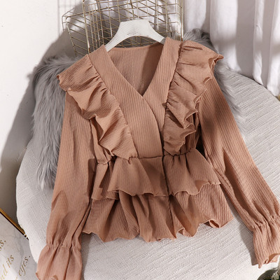 Stilinga moteriška iškirpta palaidinė ilgomis rankovėmis ir V formos iškirpte