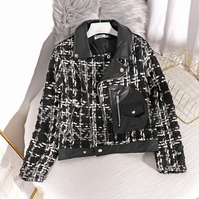 Női tavaszi kabát bőr elemekkel és cipzárral