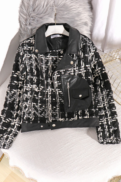 Női tavaszi kabát bőr elemekkel és cipzárral