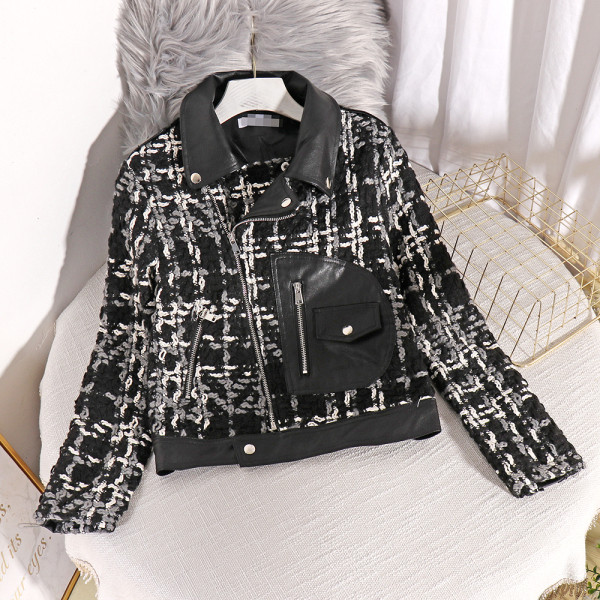 Női tavaszi kabát bőr elemekkel és cipzárral