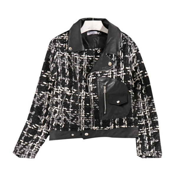 Női tavaszi kabát bőr elemekkel és cipzárral