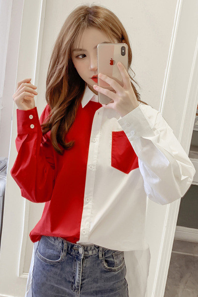 Dabartiniai moteriški marškiniai su klasikine apykakle ir kišene