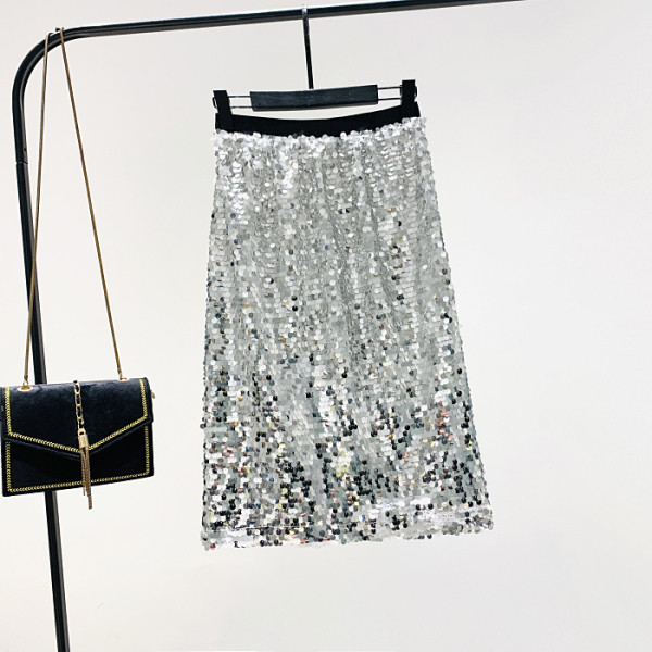 Naujo modelio moteriškas sijonas aukštu juosmeniu ir blizgučiais