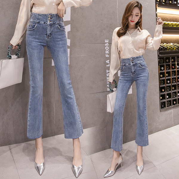 Moteriški laisvalaikio džinsai aukštu juosmeniu ir sagomis