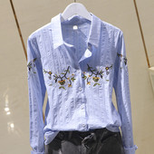 Ikdienas sieviešu pavasara krekls ar klasisku apkakli un izšuvumu