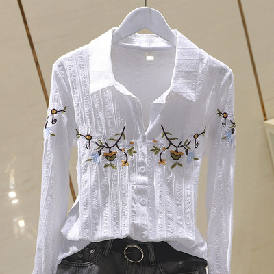 Ikdienas sieviešu pavasara krekls ar klasisku apkakli un izšuvumu