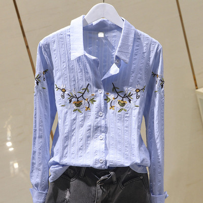 Ikdienas sieviešu pavasara krekls ar klasisku apkakli un izšuvumu