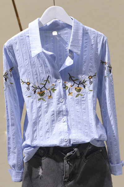 Ikdienas sieviešu pavasara krekls ar klasisku apkakli un izšuvumu