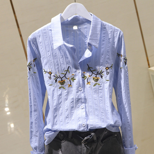 Ikdienas sieviešu pavasara krekls ar klasisku apkakli un izšuvumu