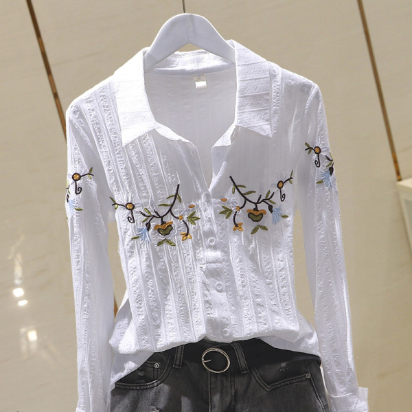 Ikdienas sieviešu pavasara krekls ar klasisku apkakli un izšuvumu