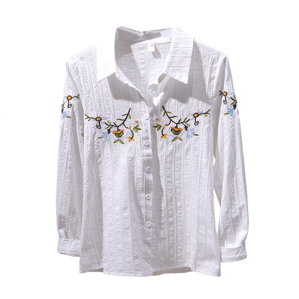 Ikdienas sieviešu pavasara krekls ar klasisku apkakli un izšuvumu