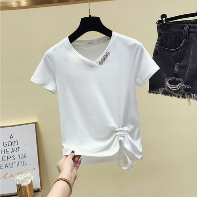 Ikdienas sieviešu t-krekls ar V veida kakla izgriezumu un mežģīnēm