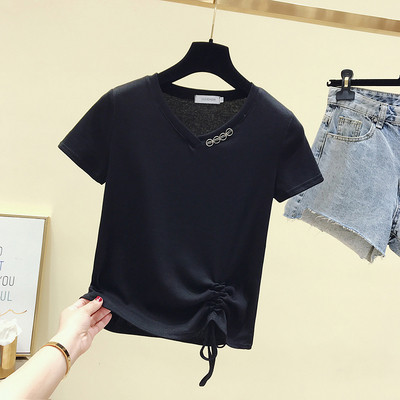 Ikdienas sieviešu t-krekls ar V veida kakla izgriezumu un mežģīnēm