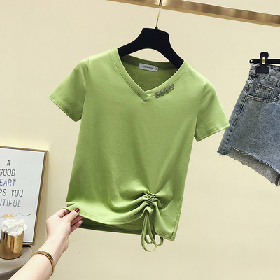 Ikdienas sieviešu t-krekls ar V veida kakla izgriezumu un mežģīnēm