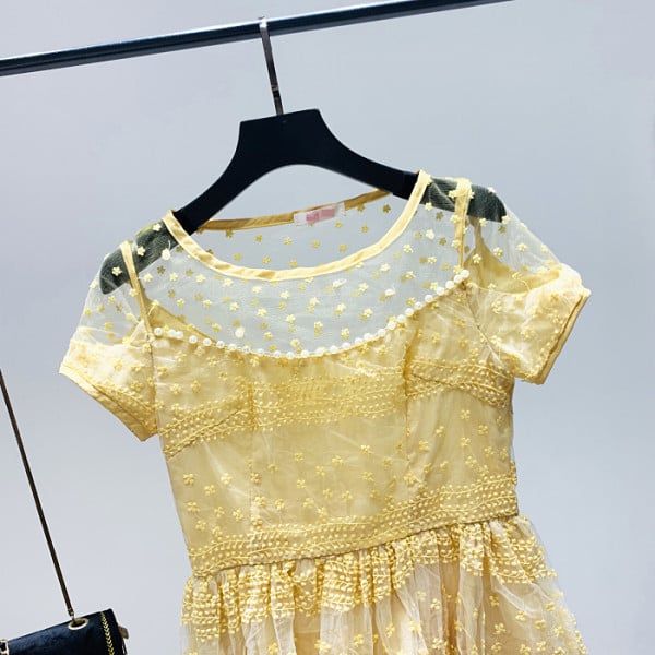 Moderna sieviešu kleita ar īsām piedurknēm, ovālu kakla izgriezumu un izšuvumu