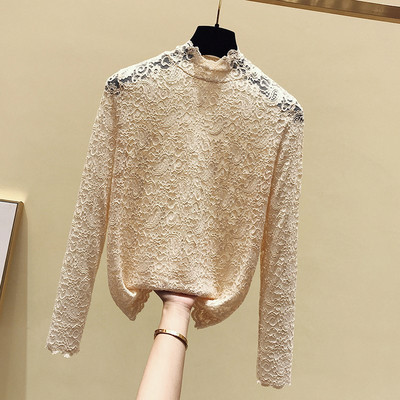 Stílusos csipke női blúz magas gallérral és hosszú ujjal