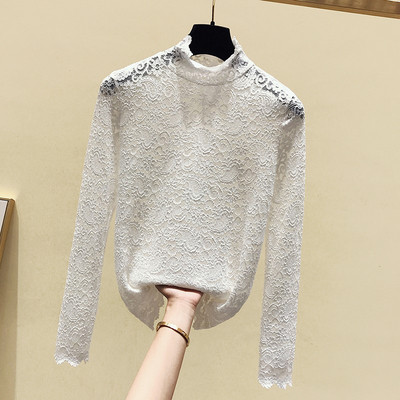 Stílusos csipke női blúz magas gallérral és hosszú ujjal