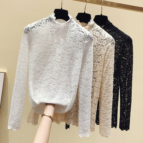 Stílusos csipke női blúz magas gallérral és hosszú ujjal