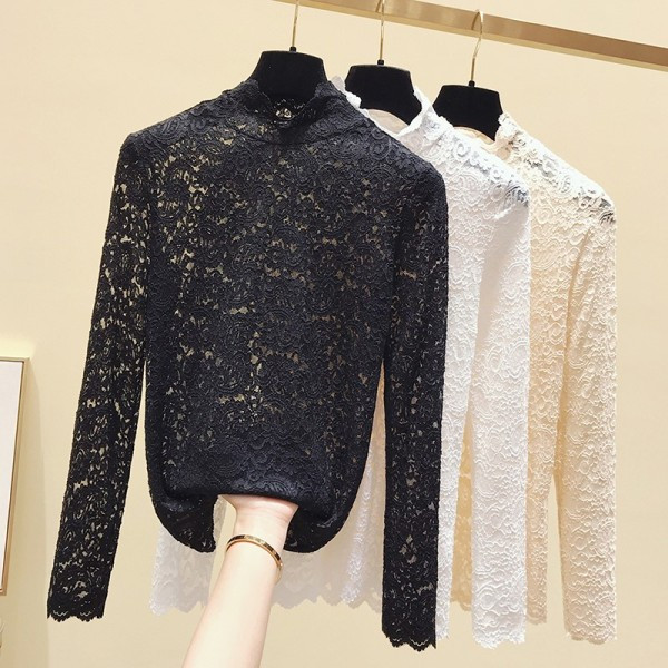 Stílusos csipke női blúz magas gallérral és hosszú ujjal