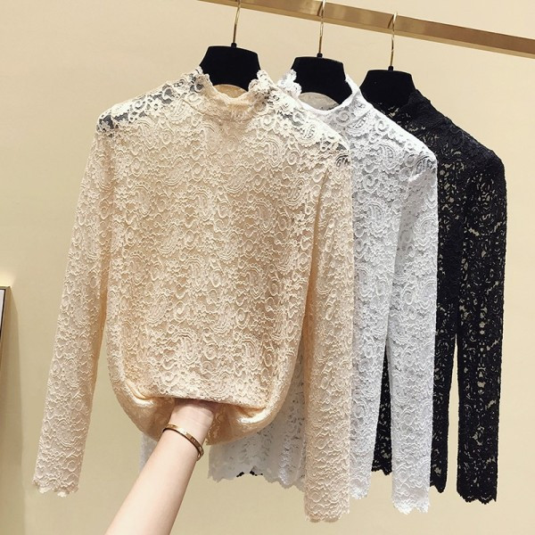 Stílusos csipke női blúz magas gallérral és hosszú ujjal
