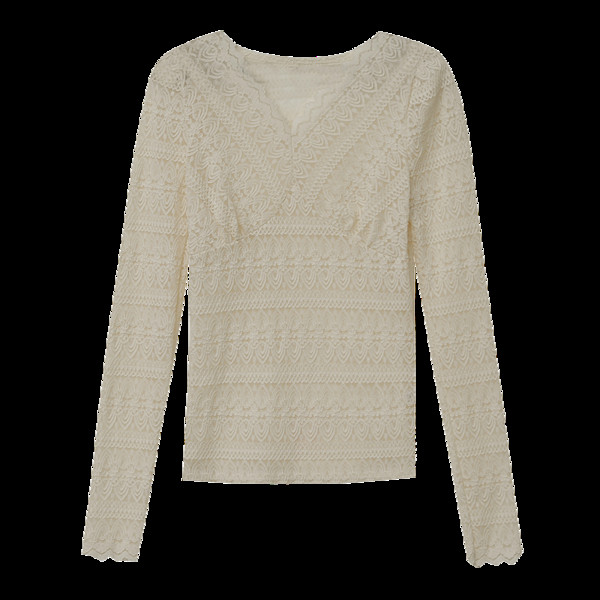 Moteriška nėriniuota palaidinė V formos iškirpte ir ilgomis rankovėmis