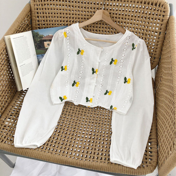 Modernūs moteriški marškiniai su apvalia iškirpte ir siuvinėjimais