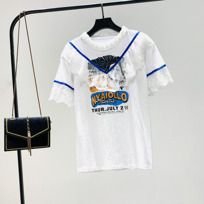 Naujo modelio moteriški marškinėliai su nėriniais ir raštu