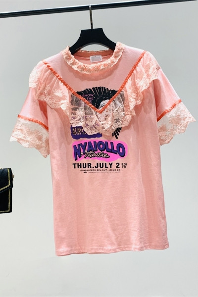 Jauna modeļa sieviešu t-krekls ar mežģīnēm un apdruku