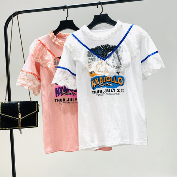 Jauna modeļa sieviešu t-krekls ar mežģīnēm un apdruku