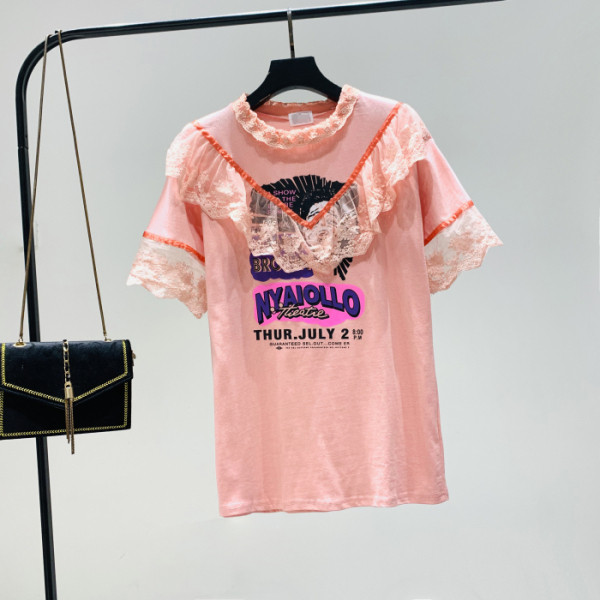 Jauna modeļa sieviešu t-krekls ar mežģīnēm un apdruku