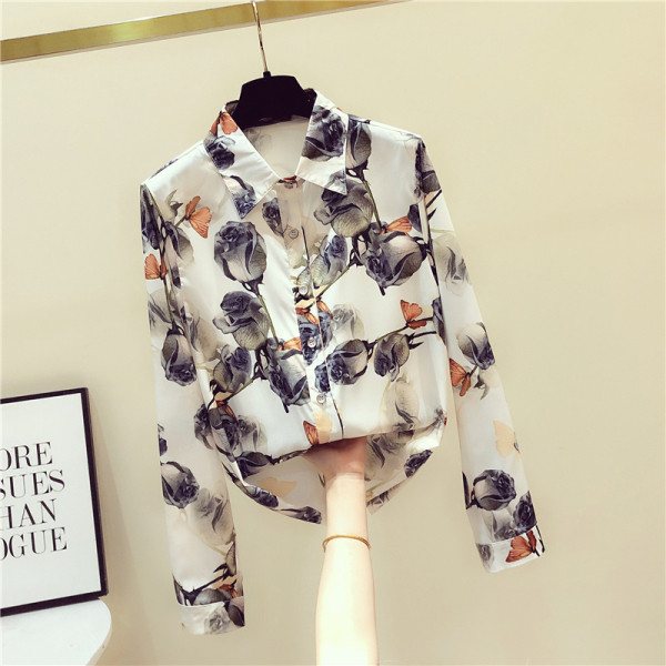 Ziedu sieviešu šifona krekls ar klasisku apkakli un garām piedurknēm