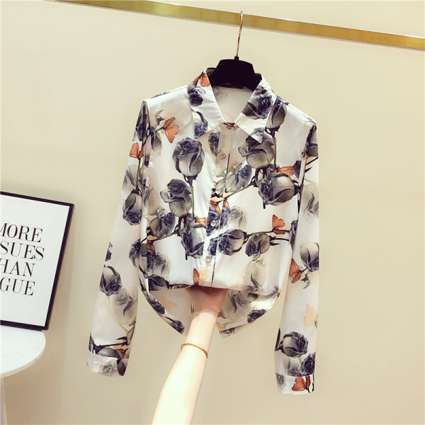 Ziedu sieviešu šifona krekls ar klasisku apkakli un garām piedurknēm